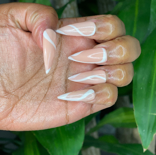 French Nude White Line Fake Nails Long Oval Full Artificial Press On Nails  Tips | eBay